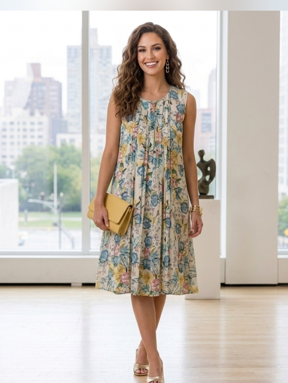 DR2 Womens L Floral Sleeveless Round Neck Lined Front Pleats Flowy Dress
